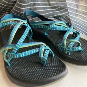Chaco Sandals- Blue & Green Striped Two-Strapped